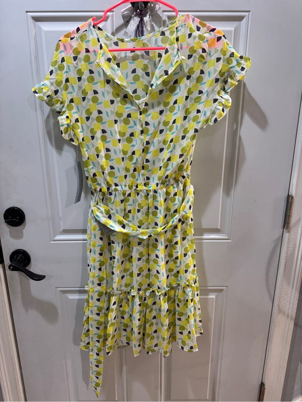 London Times Yellow Geometric Print Ruffle-Hem Dress
